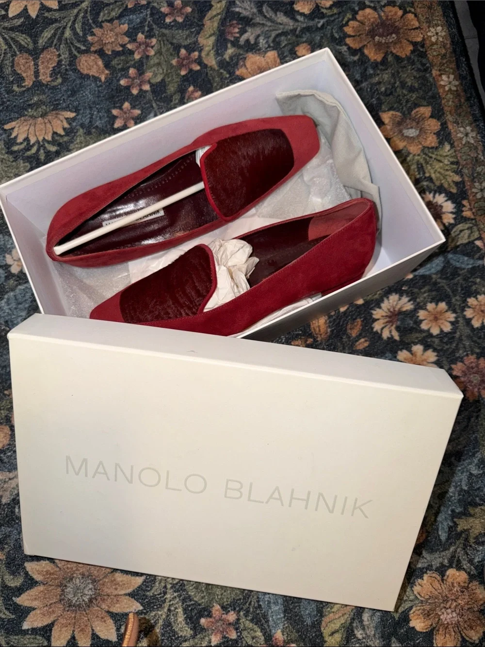 Manolo Blahnik Red Artura Suede Calf Hair Loafers NWB